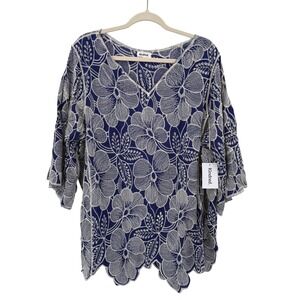 Kindred Navy Blue Floral Embroidered V-Neck Scalloped Blouse Top 3X